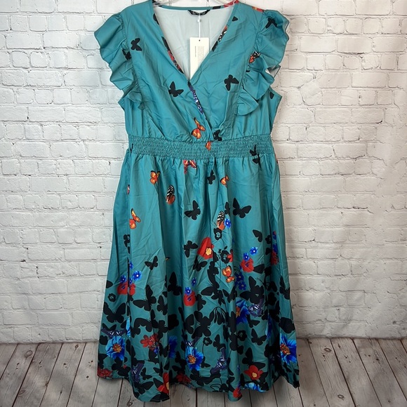 BloomChic Teal Butterfly Print Ruffle Sleeve Surplice Dress Size 12 Large - Picture 2 of 6